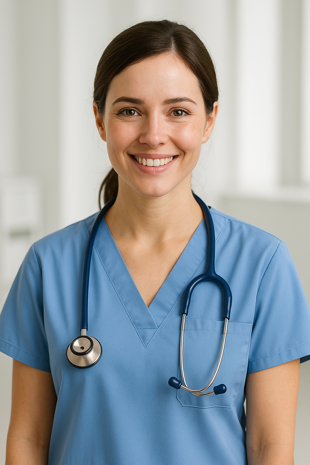 Enfermeira sorridente em fundo clínico